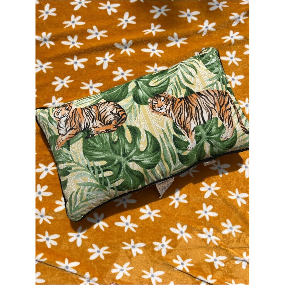 allen + roth Tropical Leaf Tiger Jungle Print Rectangular Outdoor Throw Pillow